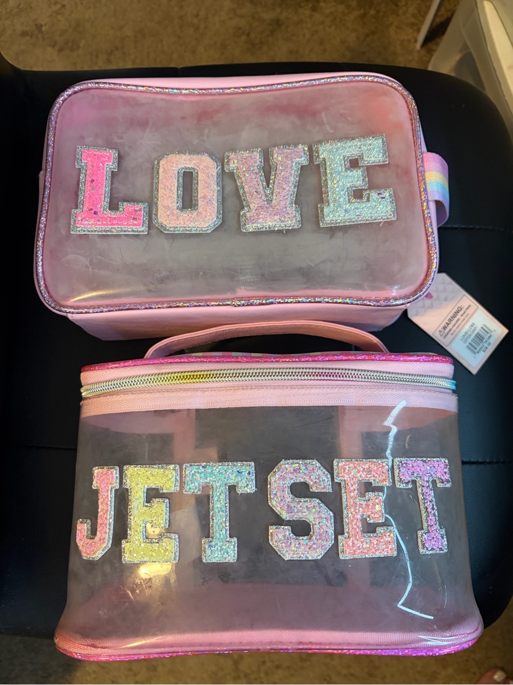 Pink Glitter Letter Clear Cosmetic Bag Set -  NWT:LOVE & Used: JET SET no tag